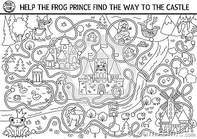 Black and white fairytale maze for kids with medieval village map. Magic kingdom line preschool printable activity. Fairy tale Vector Illustration