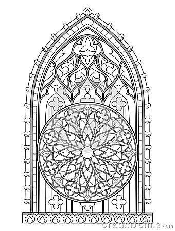 Black and white fantasy drawing for coloring book. Beautiful stained glass window with rose. Medieval architecture. Vector Illustration