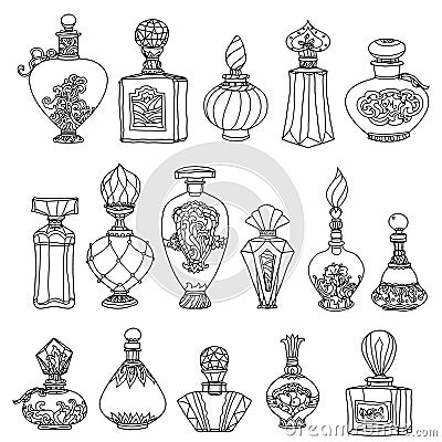 Black and white fantasy vintage perfumes. Vector Illustration