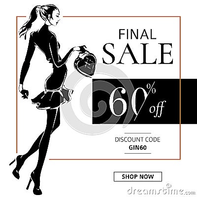 Black and white fashion sale banner with woman fashion silhouette, online shopping social media ads web template with beautiful gi Cartoon Illustration