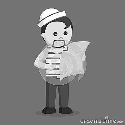 Black and white fat sailor holding a map Vector Illustration