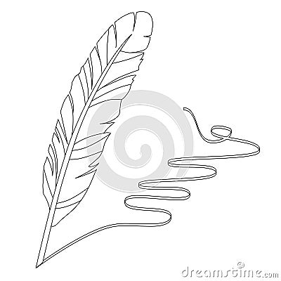 Black and white feather for writing. Linear, contour. Illustration can be used for coloring book and pictures for children Vector Illustration