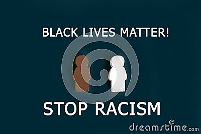 Black and white figures of people on a black background. The inscription in chalk-Stop racism. Motivational poster against racism Editorial Stock Photo