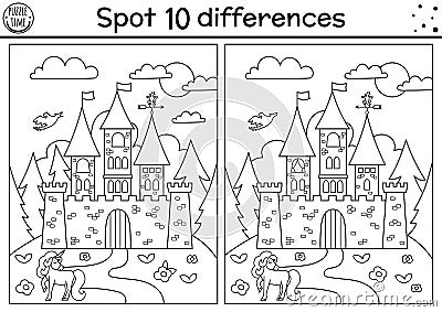 Black and white find differences game for children. Fairytale educational activity with castle and unicorn. Magic kingdom puzzle Vector Illustration