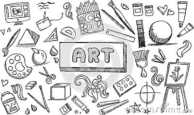 Black and white fine art equipment and stationary doodle icon Vector Illustration
