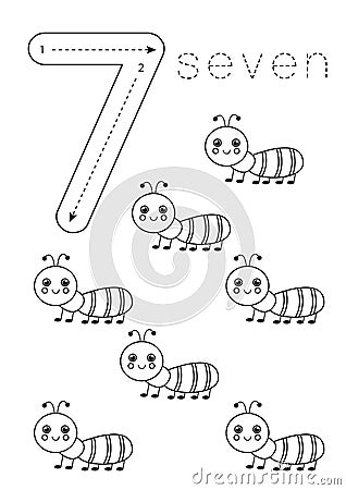 Flashcard number 7. Preschool worksheet. Black and white ants. Vector Illustration