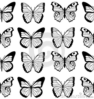 Black and white flat cartoon vector seamless pattern with different butterflies Vector Illustration