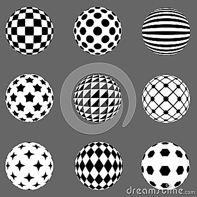 Black and white flat patterned spheres Vector Illustration