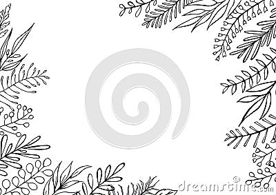 Black and white floral hand drawn farmhouse style outlined twigs branches frame border background Vector Illustration