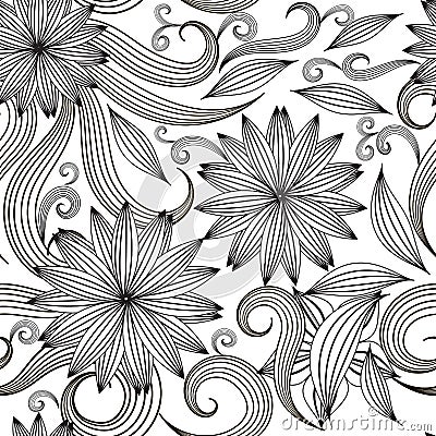 Black and white floral line art seamless pattern. Vector ornamental swirls background. Vintage decorative hand drawn flowers, Vector Illustration