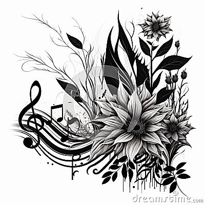 Black and white floral musical notes vector pattern background illustration with shades. Bloom line art flowers, leaves, branches Vector Illustration