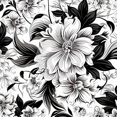 Black And White Floral Pattern With Realistic Details Cartoon Illustration