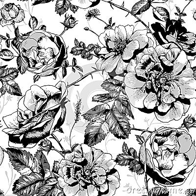 Black and White Floral Seamless Background Vector Illustration