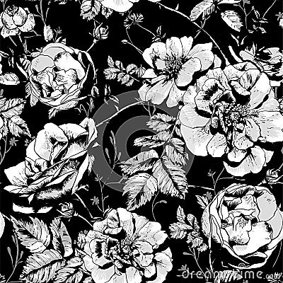 Black and White Floral Seamless Background Vector Illustration