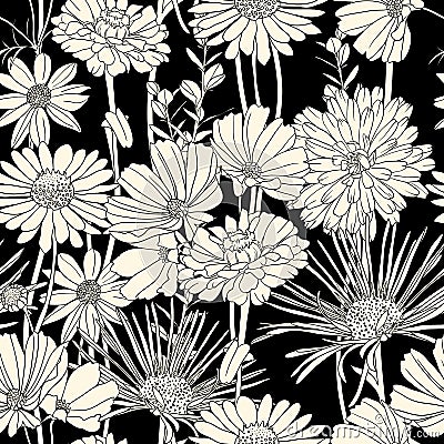 Black and white floral seamless pattern Vector Illustration