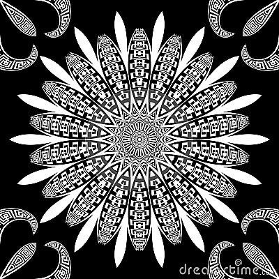 Black and white floral seamless pattern. Vector flowers background. Greek style repeat backdrop. Mandalas ornament. Ornamental Vector Illustration
