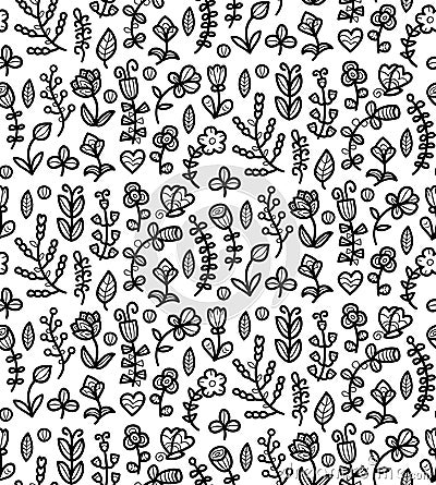 Black and white floral seamless pattern in vector. Spring endless background with flower, branch, heart, leaf etc. Vector Illustration