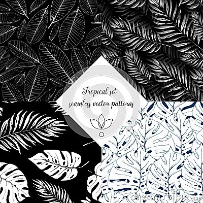 Black and white floral tropic design seamless patterns set. Wild flowers and leaves background Vector Illustration