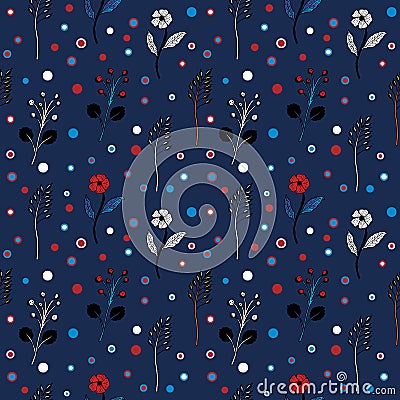 Black and white flowers and circles on a dark blue background seamless pattern Stock Photo