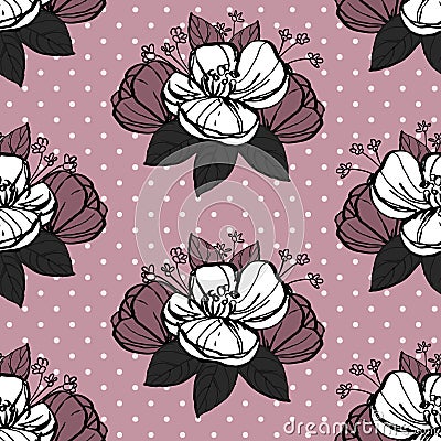 Black and white flowers silhouette outline buds with leaves seamless pattern , dusty pink repeatable vector texture tile square. s Vector Illustration