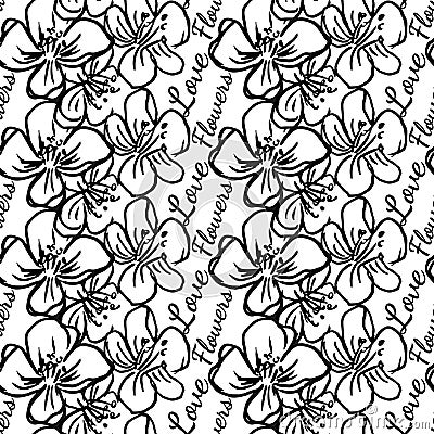 Black and white flowers silhouette outline buds with leaves seamless pattern , repeatable vector texture tile square. scandinavian Vector Illustration