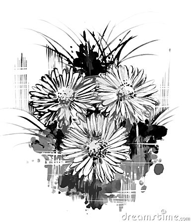 Black and white flowers in water color effect. Stock Photo