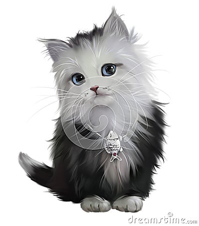 Black and white fluffy kitten and silver fish Stock Photo