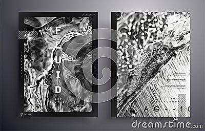 Black and white fluid art backdrop. Abstract ink flow texture. Hand drawn granite, marble mineral pattern wallpaper Vector Illustration