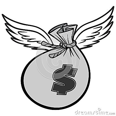 Black And White Flying Bag of Money Vector Illustration