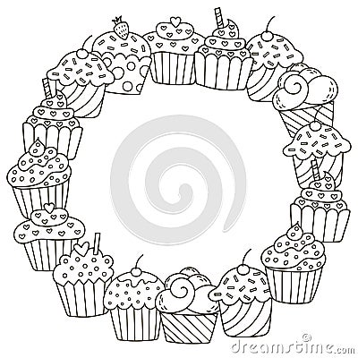 Black and white frame with cute cupcakes for coloring book Vector Illustration