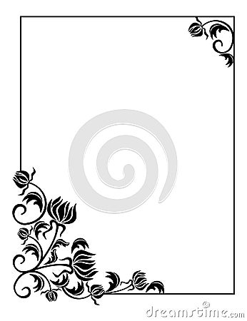 Black and white frame with flowers silhouettes. Raster clip art. Stock Photo