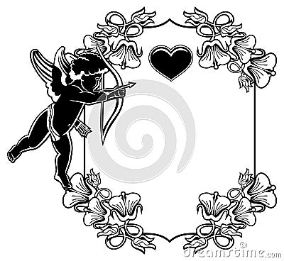 Black and white frame with silhouettes of Cupid and hearts. Raster clip art. Stock Photo