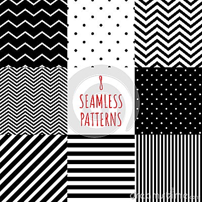 8 black and white geometric pattern set simple ornate color monochrome , geometry seamless repeatable tile for textile texture or Vector Illustration