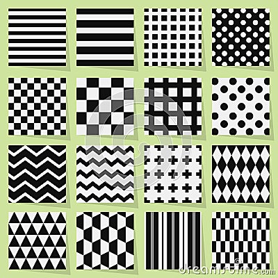 Black and white geometrical seamless patterns set Vector Illustration