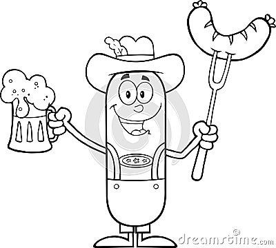 Black And White German Oktoberfest Sausage Cartoon Character Holding A Beer And Weenie On A Fork Vector Illustration