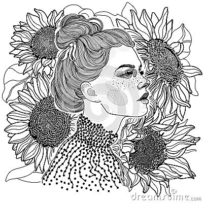 black and white girl against a background of sunflowers Vector Illustration