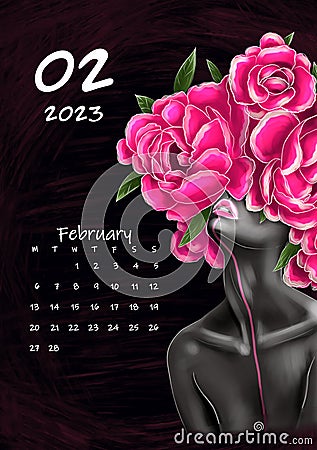 Black and white girl with color beautiful flowers in her head. Calendar 2023 February Cartoon Illustration