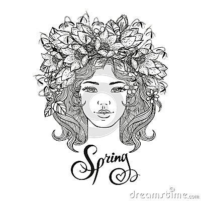 Black and white girl decorative hairstyle with flowers, leaves in hair in doodle style. Nature, ornate, floral Cartoon Illustration