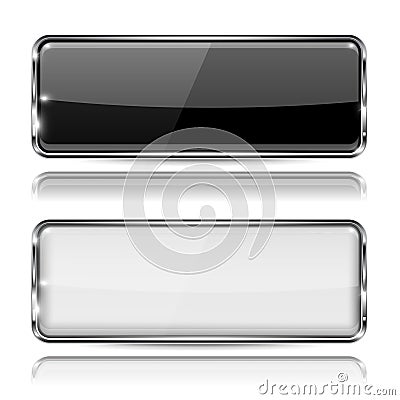 Black and white glass buttons with metal frame. Rectangle 3d icons Vector Illustration
