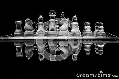 Black and white glass chess set with reflection Stock Photo