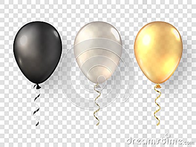 Black, white gold realistic balloons. 3D baloon Vector Illustration