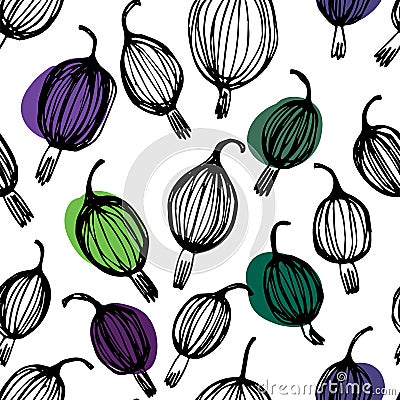 Black and white gooseberry hand drawn pattern Vector Illustration