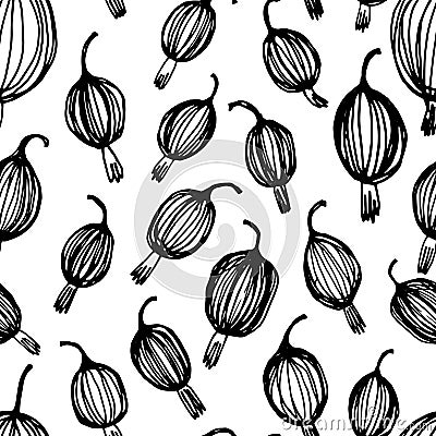 Black and white gooseberry hand drawn pattern. Vector Illustration