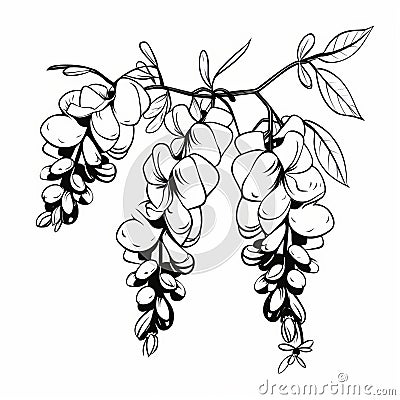 Monochrome Wisteria Flowers: Simplistic Cartoon Drawing In High Resolution Stock Photo