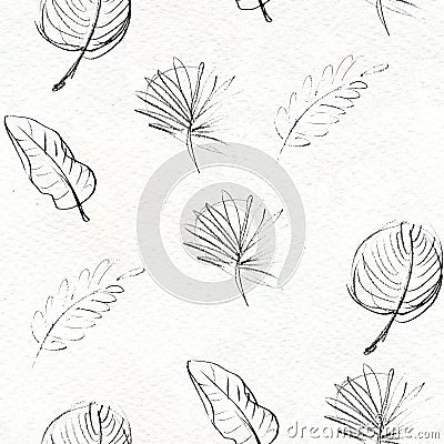 Black and white graphic tropical leaves seamless pattern. Cartoon Illustration