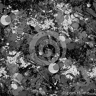 Black, white and gray paint splatters. Seamless raster pattern. Stock Photo