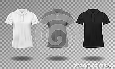 Black, white and gray realistic slim male polo t-shirt design template. Set of short sleeve t-shirts for sport, men Vector Illustration