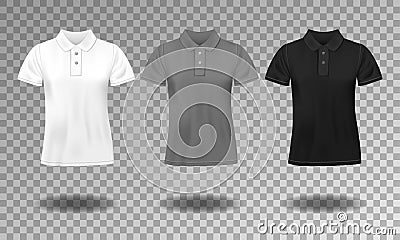 Black, white and gray realistic slim male polo t-shirt design template. Set of short sleeve t-shirts for sport, men Vector Illustration