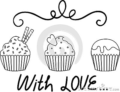 Black and white greeting card cupcakes Vector Illustration