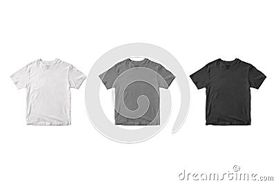 Black, white and grey half sleeves t-shirt mockups isolated on white background. Stock Photo